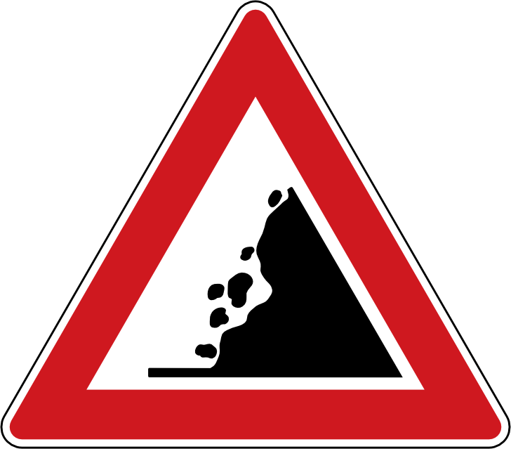 Dopravní značka Padající kamení A 18. Výstražná značka Padající kamení upozorňuje na místo nebo úsek pozemní komunikace, kde může dojít k sesuvům nebo padání kamenů na vozovku. Symbol může být obrácen.